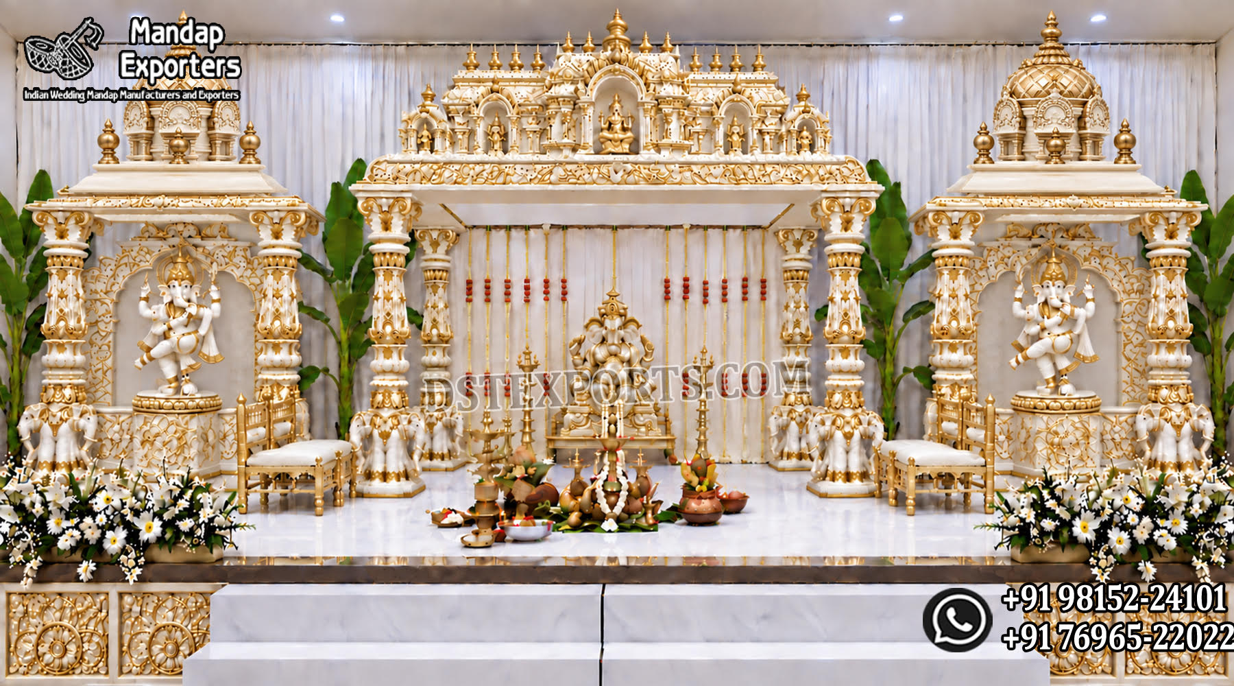 Majestic Elephant Pillar Kalyana Mandapam For South Indian Weddings:White-and-gold South Indian Kalyana Mandapam featuring elephant-base pillars, temple-style crowns and Ganesha statues.