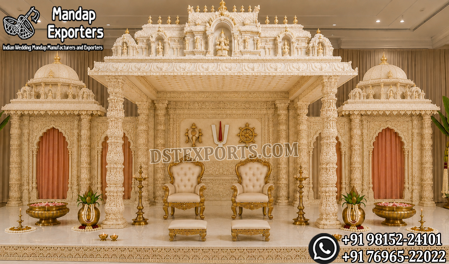 Premium Tirupati Theme Mandap for Grand South Indian WeddingsPremium white and gold Tirupati temple theme wedding mandap with carved pillars, gopuram domes, Shankhu Chakra Namam backdrop and bride-groom chairs.