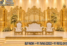 Ravishing Golden Theme Reception Stage for Asian Weddings Ravishing Golden Theme Reception Stage for Asian Weddings is made of unbreakable fiberglass, light weighted, deco painted and self-standing.