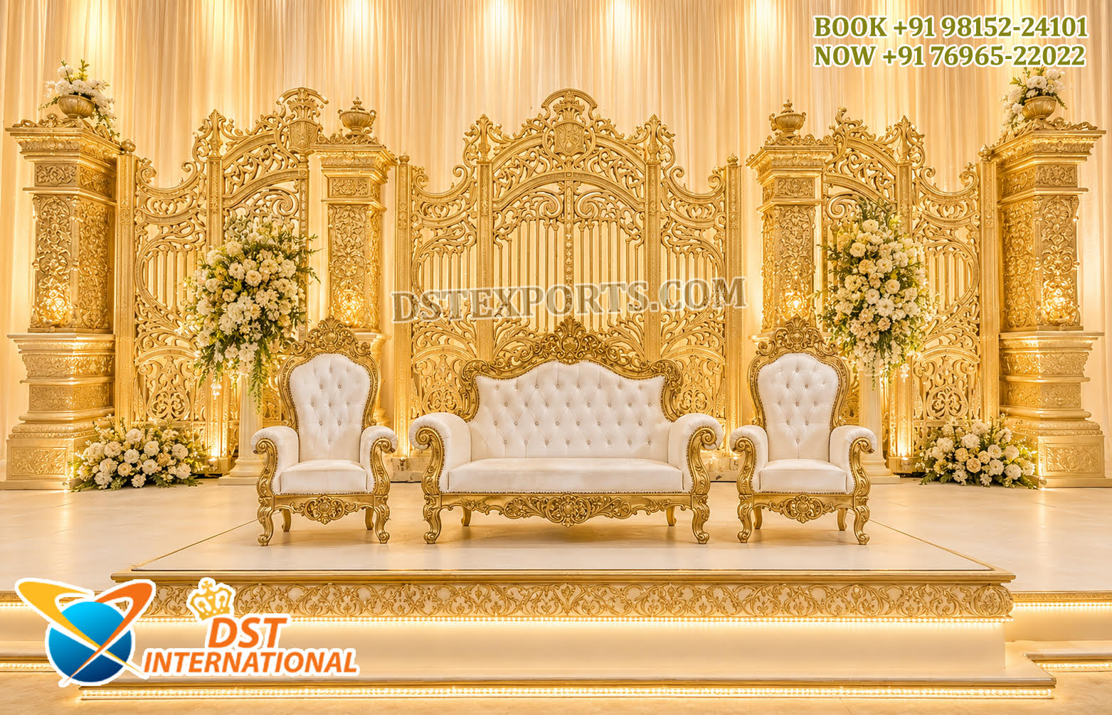 Ravishing Golden Theme Reception Stage for Asian Weddings 