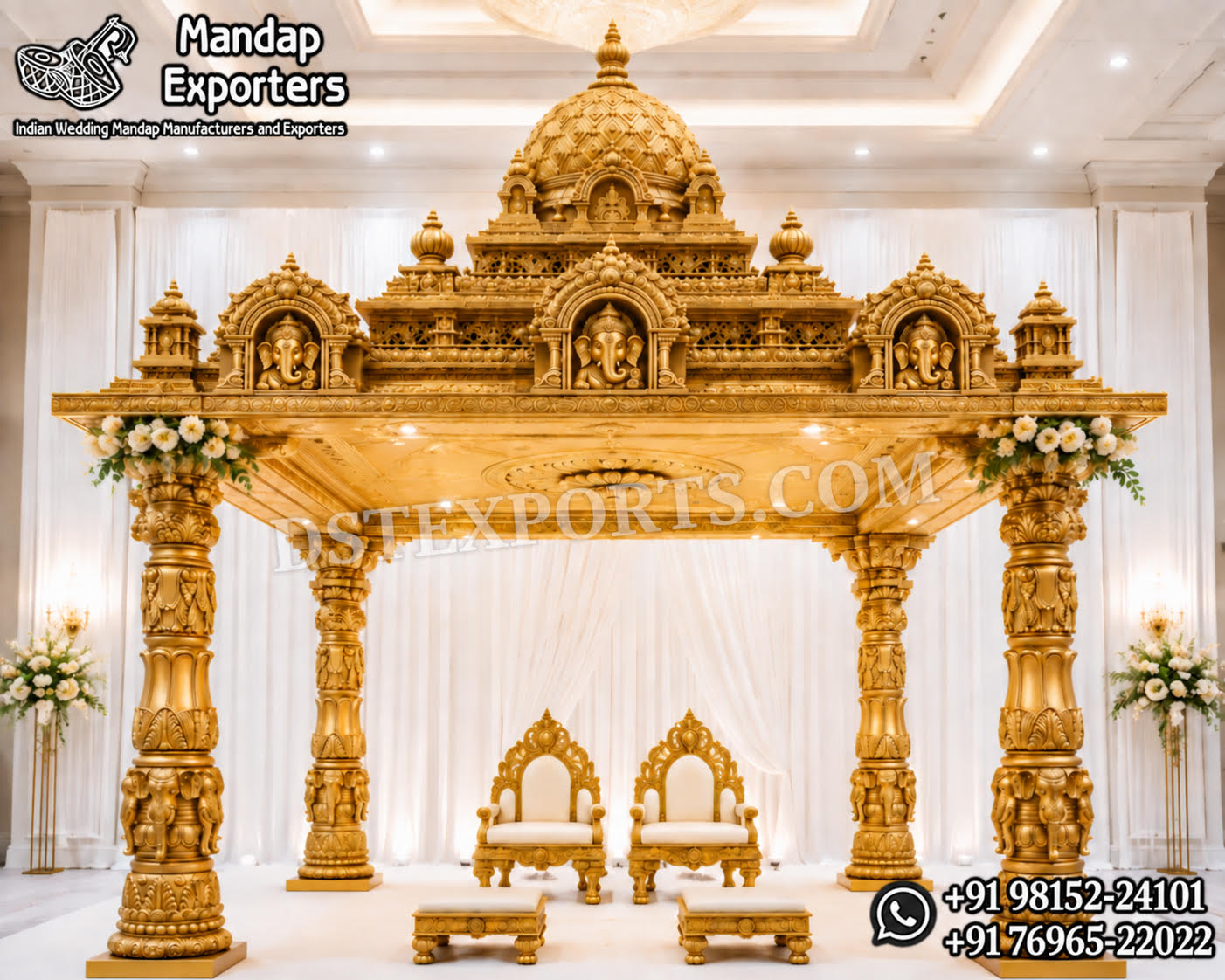 Traditional Ganesha Mandap for Destination WeddingsTraditional golden Ganesha temple-style wedding mandap with carved pillars, grand dome and bride-and-groom chairs.