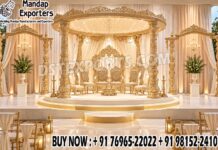 Traditional Indian Gold Carved Round Wedding Mandap With Crowns Shop traditional Indian gold carved round wedding mandaps for Hindu and Indian weddings in the USA. Luxury crown pillars, ornate detailing, custom designs and export packaging by DST Exports.