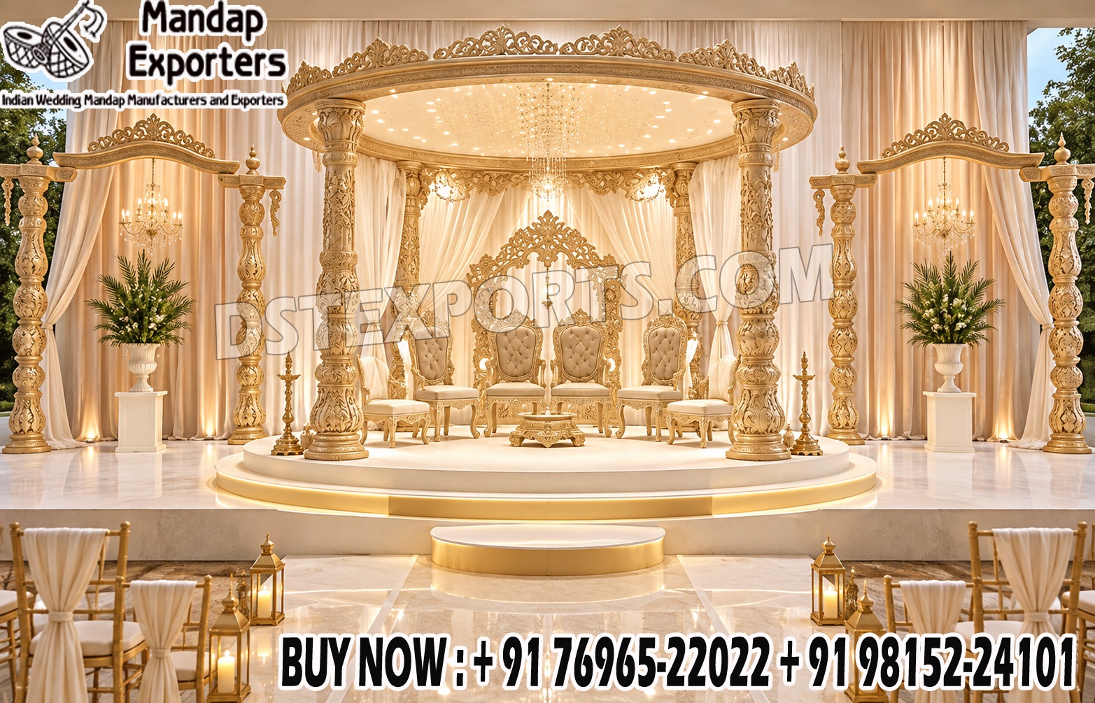 Shop traditional Indian gold carved round wedding mandaps for Hindu and Indian weddings in the USA. Luxury crown pillars, ornate detailing, custom designs and export packaging by DST Exports.