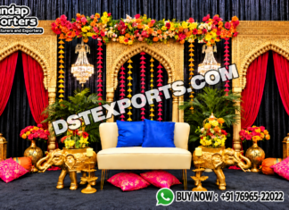 Luxury Gold Carved Muslim Wedding Nikah Stage Backdrop Frame Colorful Indian Wedding Mandap Showcase