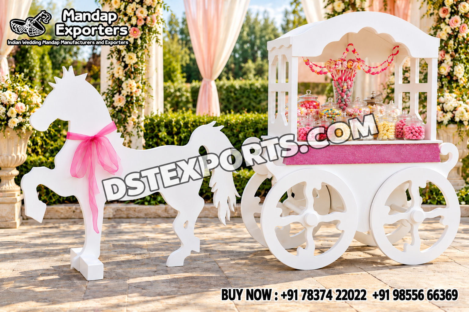 Elegant White Horse Drawn Candy Cart for Luxury Wedding Decor