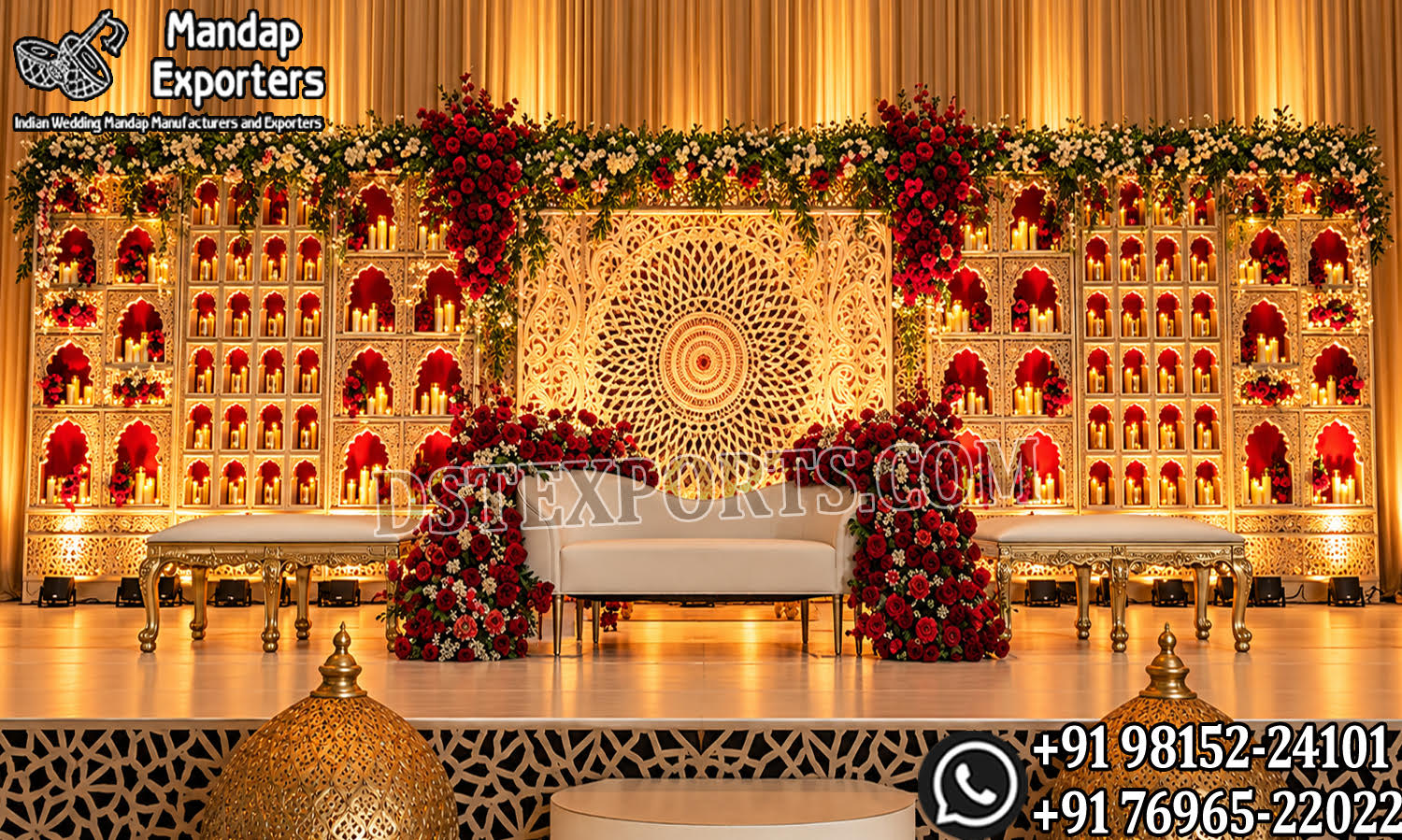 Luxury golden palace-theme Jharokha wedding stage backdrop with Rajasthani arches, decorative candle walls, floral arrangements and royal reception sofa.